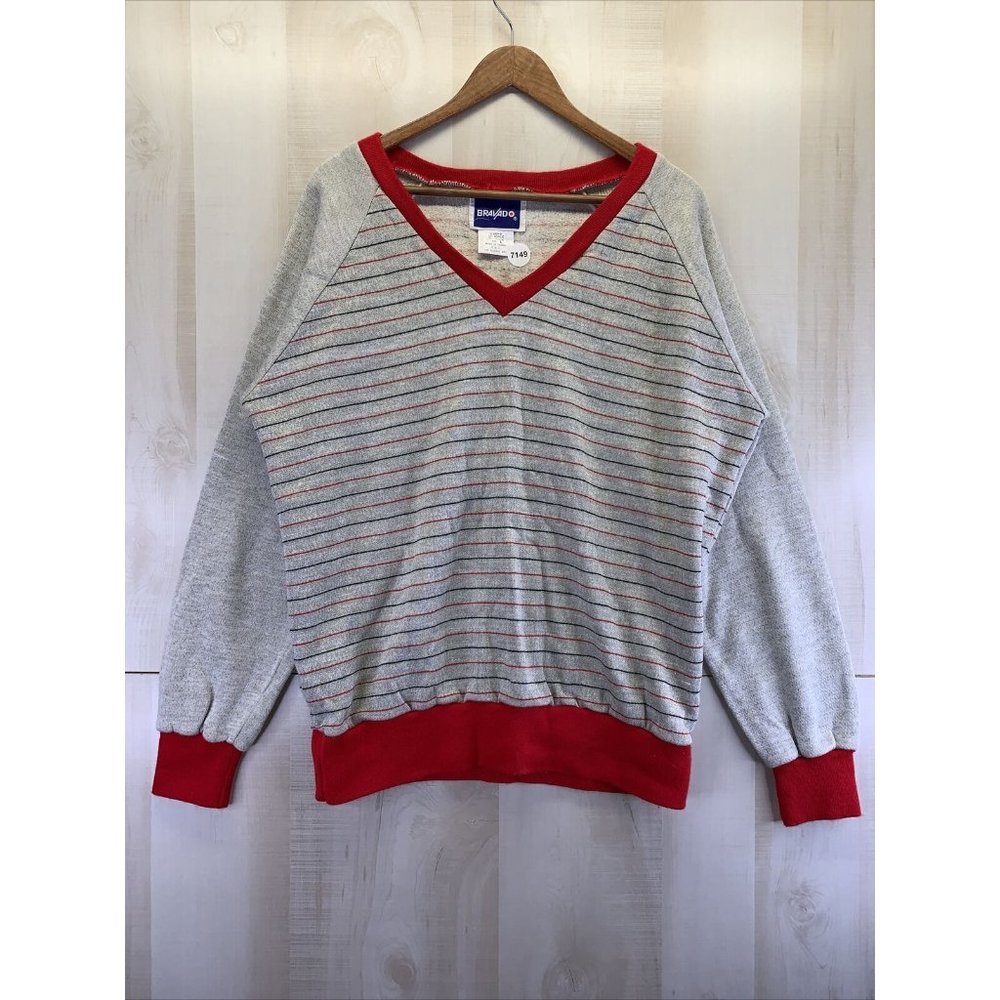 Vintage 1980s Bravado Mens Gray Red V Neck Sweater Mens Size L-7149